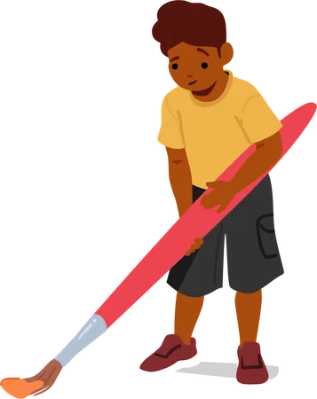 Young Boy Passionately Wields A Colossal Paintbrush His Creativity Unbound As Vibrant Strokes Of Imagination Flow Onto The Canvas Bringing His Dreams To Life Cartoon People Vector Illustration Illustration