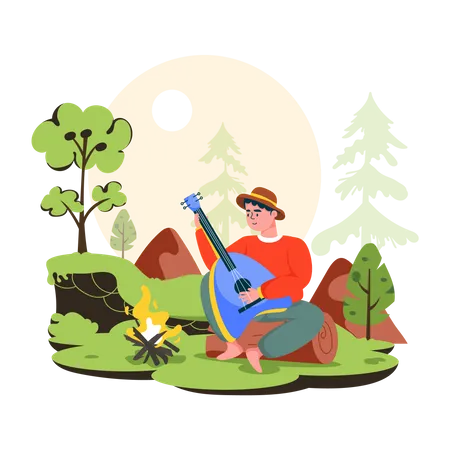 Young boy playing guitar in forest  Illustration