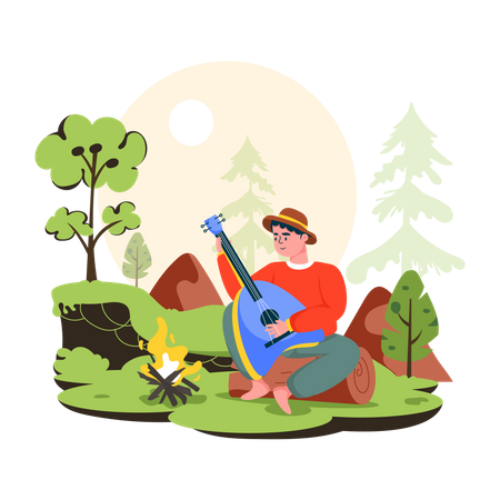 Young boy playing guitar in forest  Illustration