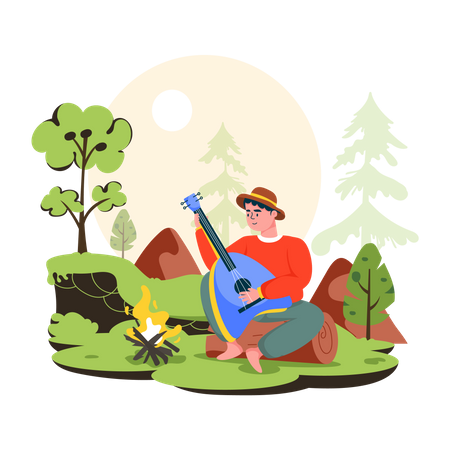 Young boy playing guitar in forest  Illustration