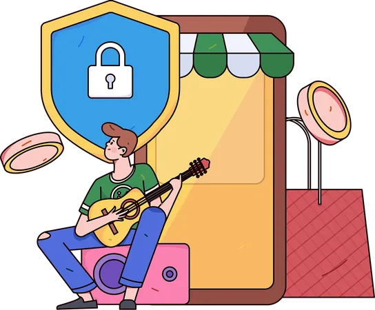 Young boy playing guitar while looking secure payment of online shopping  Illustration