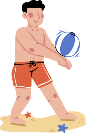 Young boy Playing Volleyball at beach  Illustration