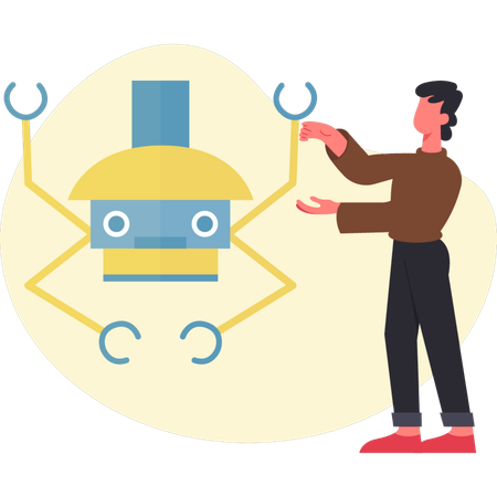 AIロボットを指差す少年  イラスト