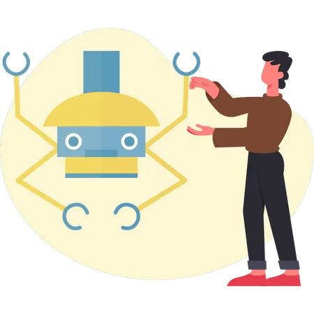 AIロボットを指差す少年  イラスト