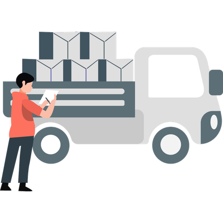 Young boy pointing delivery van  Illustration