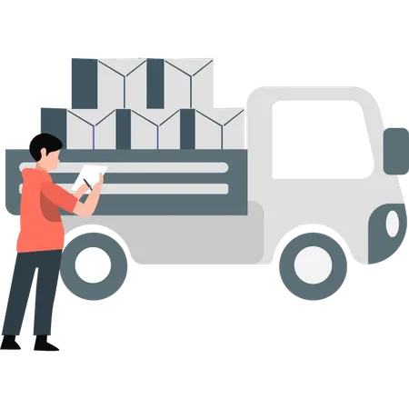 Young boy pointing delivery van  Illustration