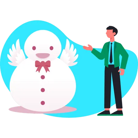 Young boy pointing snowman wings  Illustration