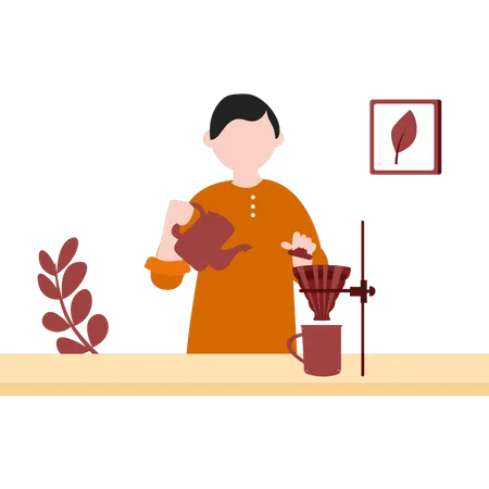 A Boy Pours Coffee Into A Cup Illustration