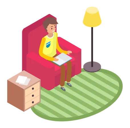 Time To Studying Young Man Reading Book Living Room Concept With Armchair Student Or Businessman Guy Is Sitting At Home In Chair With Book Is Engaged In Self Education Or Hobby In His Spare Time Illustration