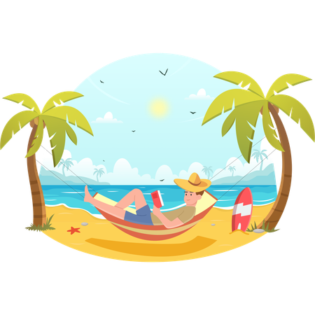 Young boy reading book on hammock at beach  Illustration