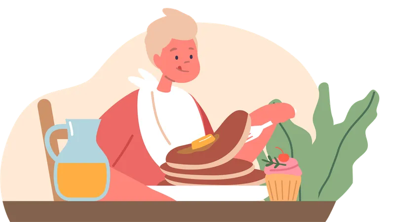 Young Boy Character Relishing A Delicious Breakfast His Face Illuminated With Joy As He Savors Fluffy Pancakes Drenched In Syrup And Juice Perfect Morning Treat Cartoon People Vector Illustration Illustration
