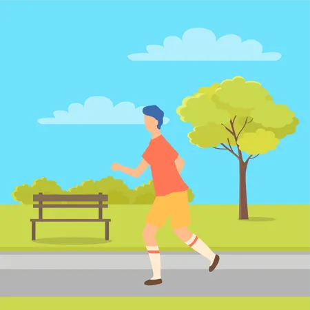 Sportive Boy Runner Running In Park With Bench And Tree Cartoon Person Side View Vector Person On Walk Jogging Guy Jogger In Sport Cloth T Shirt And Shorts Illustration