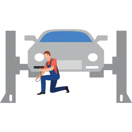 Young boy servicing car  Illustration