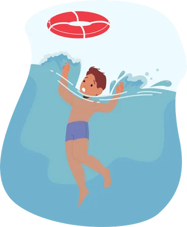 Young Boy Character Sinking In Water Gasping For Air Trying To Catch Lifebuoy Emphasizes The Urgent Need For Swift Intervention To Rescue The Child From Drowning Cartoon People Vector Illustration Illustration
