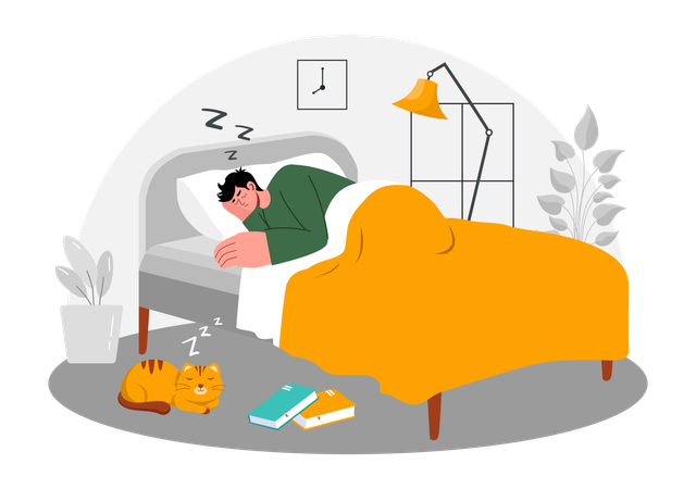 Young boy sleeping on bed after study  Illustration