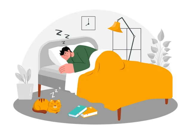 Young boy sleeping on bed after study  Illustration