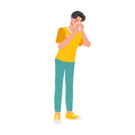 Young Boy Sneezing With Tissue Paper  Illustration