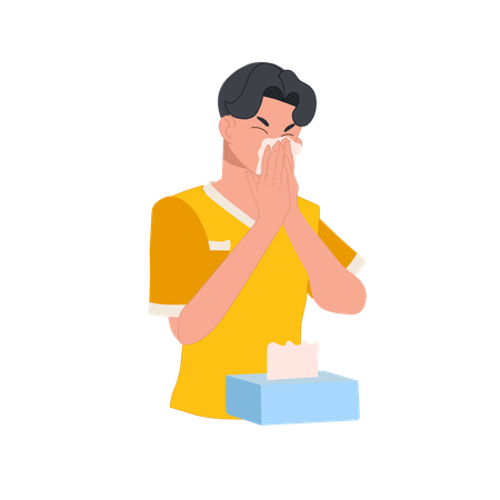 Young Boy Sneezing With Tissue Paper Box  Illustration