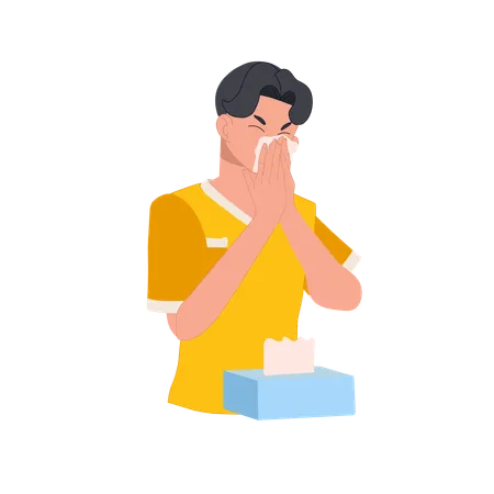 Allergy And Cold Prevention Concept Man Sneezing With Tissue Paper Box イラスト