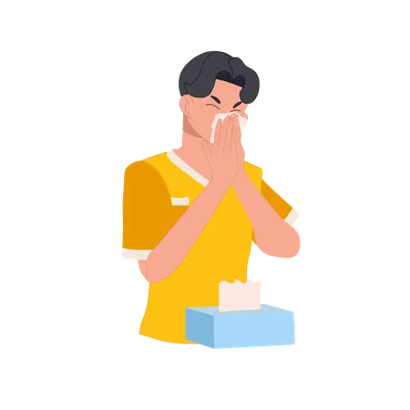 Young Boy Sneezing With Tissue Paper Box  Illustration