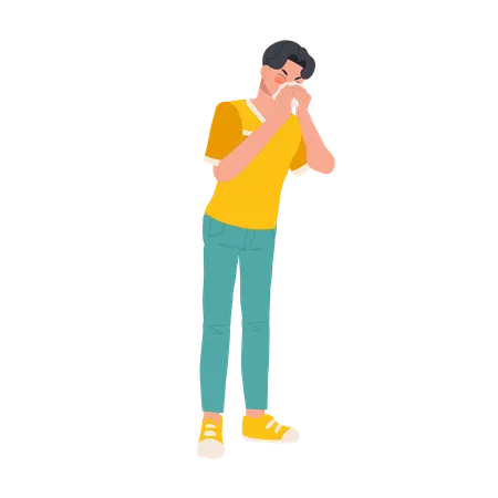 Young Boy Sneezing With Tissue Paper  Illustration