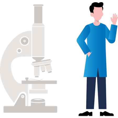 Young boy standing by microscope  Illustration