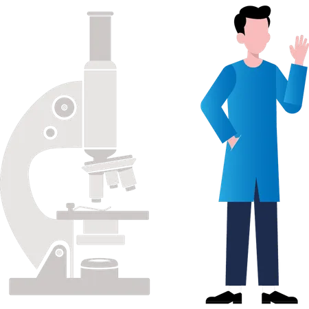 Young boy standing by microscope  Illustration