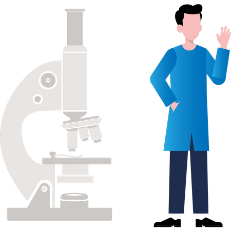 Young boy standing by microscope  일러스트레이션