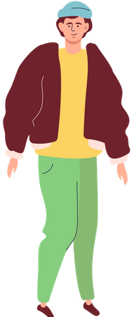 Young boy standing in green pant, yellow T-shirt and brown jacket Illustration
