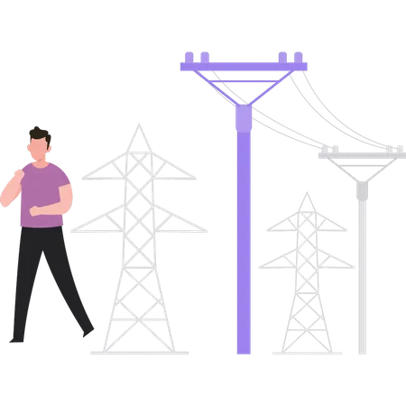 Young  boy standing near towers  Illustration