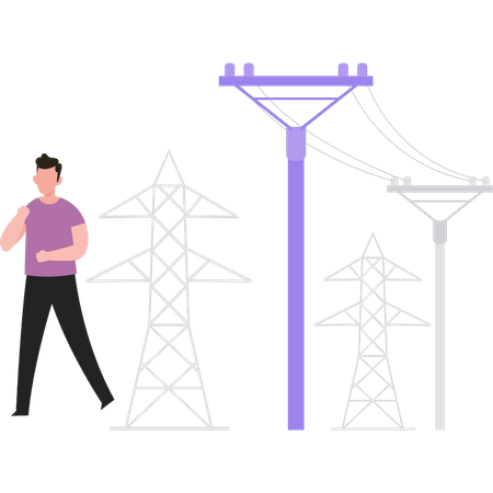 Young  boy standing near towers  Illustration