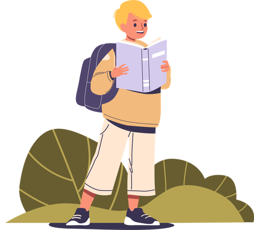 Young Boy Standing Outside While Reading A Book  Illustration