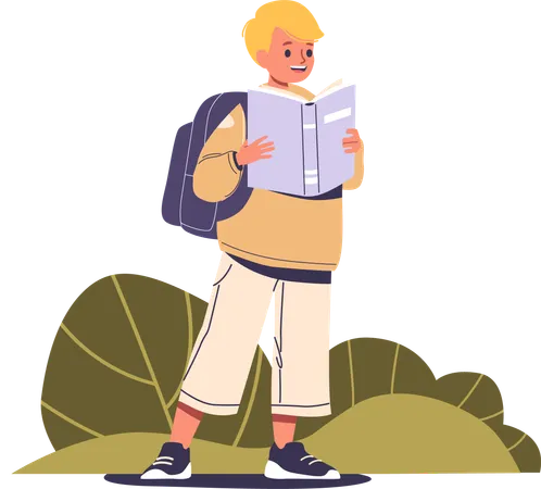 Young Boy Standing Outside While Reading A Book  Illustration