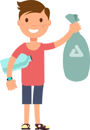 Young boy standing while holding garbage bag  Illustration