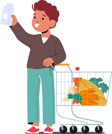 Young Boy Standing with Supermarket Trolley  Illustration