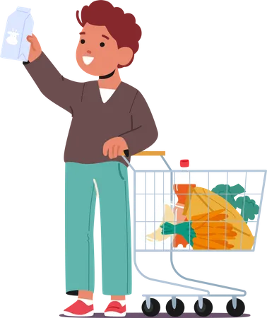 Young Boy Standing With Supermarket Trolley Navigating The Aisles With Excitement And Curiosity Little Kid Character Helping His Family Shop For Groceries Cartoon People Vector Illustration Illustration