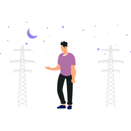 Young boy stands by towers at night  Illustration