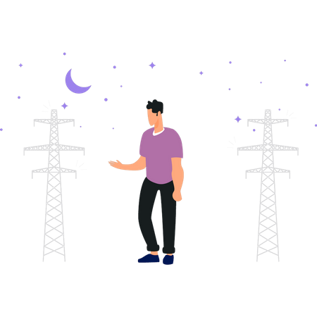 Young boy stands by towers at night  Illustration