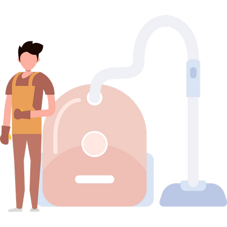 Young boy stands next to vacuum cleaner  Illustration