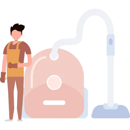 Young boy stands next to vacuum cleaner  Illustration
