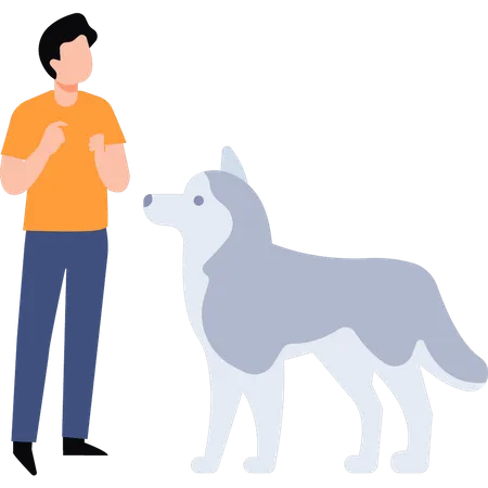 Young boy stands with dog  Illustration