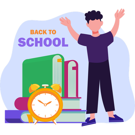 Young boy surrounded by books symbolizing the excitement of returning to school  Illustration