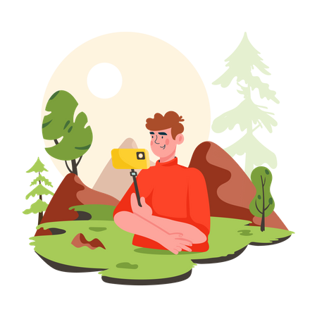 Young boy taking selfie in forest  Illustration