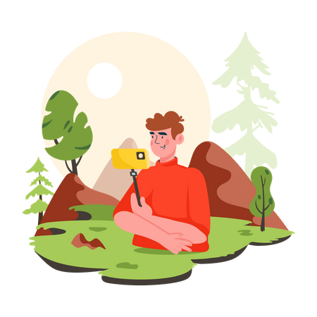 Young boy taking selfie in forest  Illustration