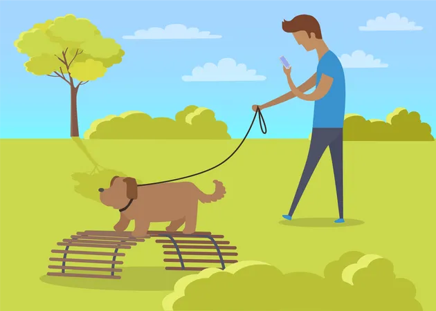 Young Boy Walking with Dog and Using Phone in Park  Illustration