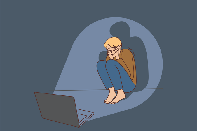 Young boy watching horror movie in laptop  Illustration