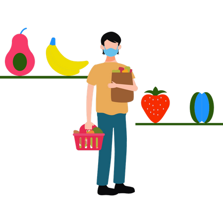 Young boy wearing a mask and buying fruits in the market  Illustration