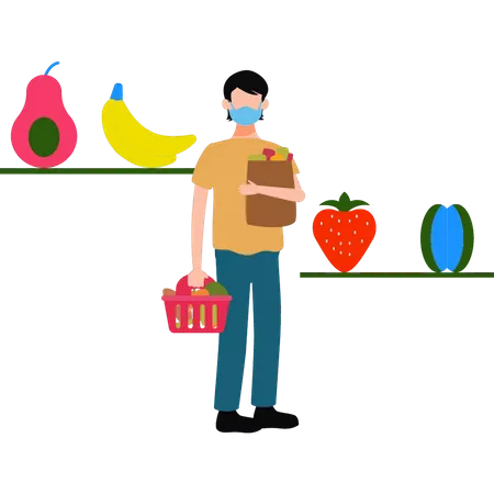 Young boy wearing a mask and buying fruits in the market  Illustration