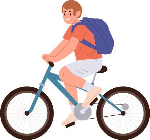 Young boy wearing backpack riding bicycle having fun trip on weekend  Illustration
