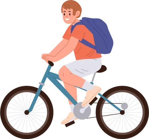 Young Teenager School Boy Cartoon Character Wearing Backpack Riding Bicycle Having Fun Active Adventure Trip Enjoying Summer Weekend Or Vacation Vector Illustration Isolated On White Background Illustration